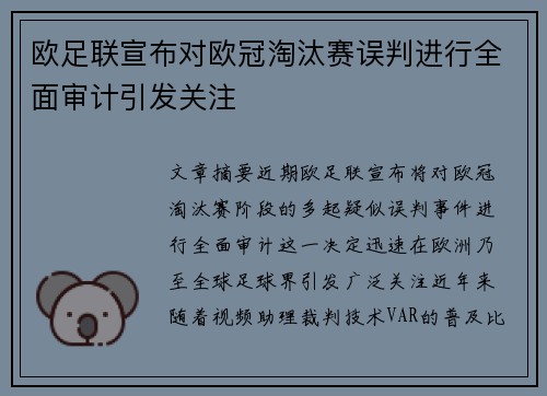 欧足联宣布对欧冠淘汰赛误判进行全面审计引发关注 欧足联宣布对欧冠淘汰赛误判进行全面审计引发关注